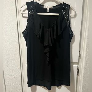 Flattering Ruffled V-Neck Tank Top trimmed in studs and rhinestones!